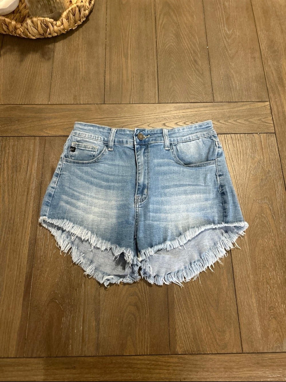 KanCan Light Blue Frayed Hem High-Rise Denim Shorts